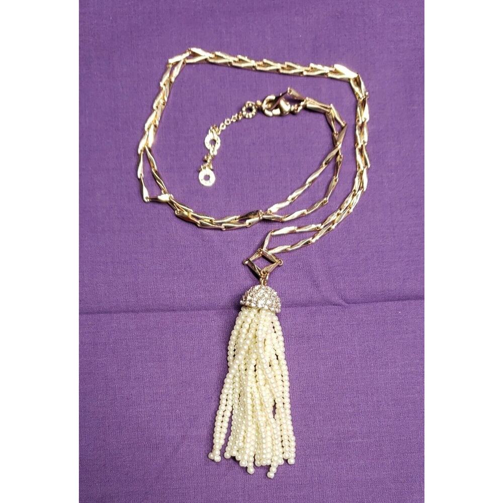 Baublebar Signed Long Gold Tone, Faux Pearl & Rhinestone Accent Tassel Necklace